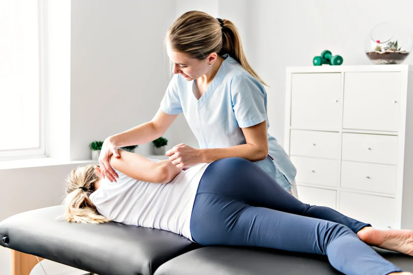Physiotherapist treating a patient during a physical therapy session