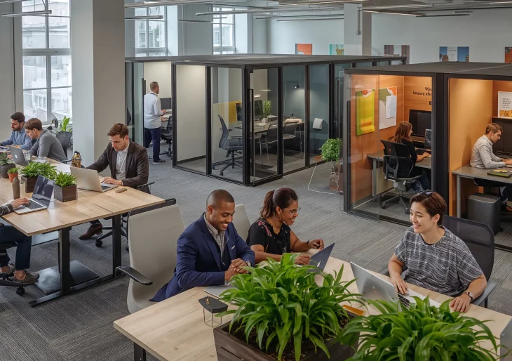Team working together in a modern office workspace using laptops
